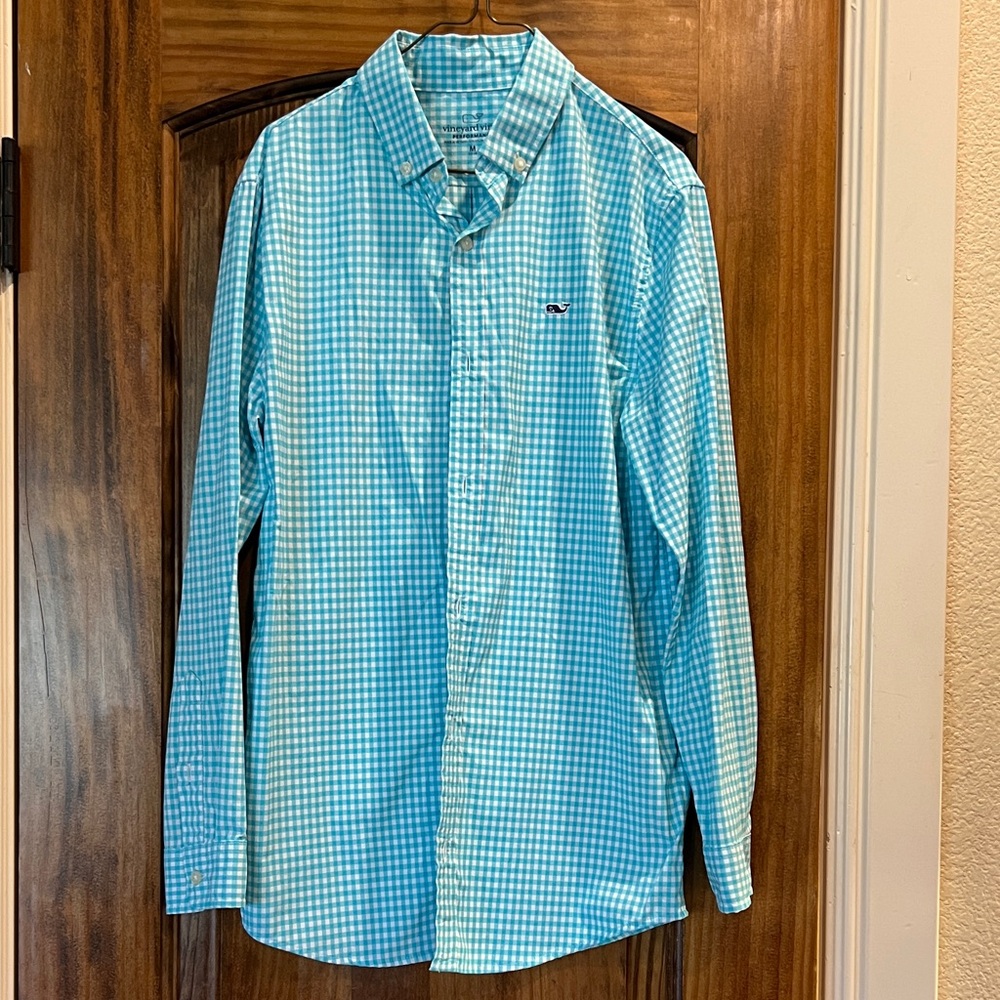 Vineyard Vines Men's Aqua Gingham Button Down Shirt